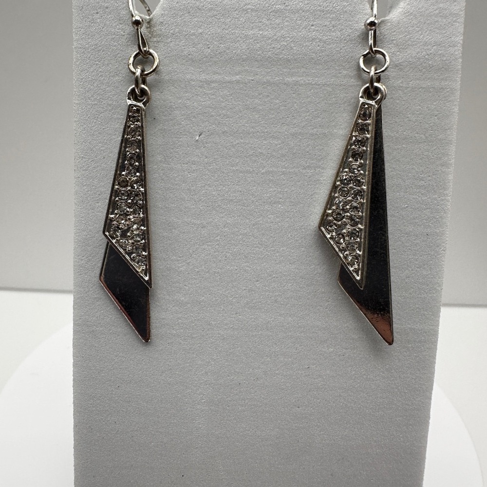 Vintage 90s Silver Tone Geometric Dangle Earrings Clear Rhionestone Modern Style